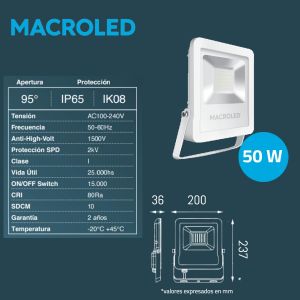 REFLECTOR LED SMD 50W BLANCO IP65 MACROLED - Vista 4