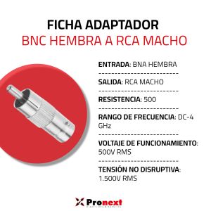 FICHA ADAPTADOR BNC HEMBRA A RCA MACHO PRONEXT - Vista 2