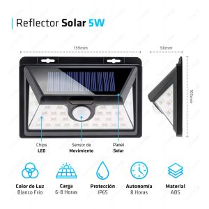 REFLECTORES LED SOLAR CANDELA 7388 5W SENSOR MOVIMIENTO NEGRO BLANCO FRíO - Vista 3