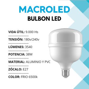 LAMPARA BULBON LED 38W E27 PVC 120X168MM MACROLED - Vista 1