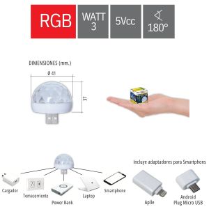 LAMPARAS LED ESPECIALES PARTY
MINI BOLA DISCO USB - RGB 3W - AUDIORITMICA - Vista 1