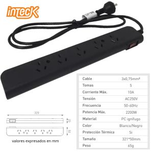 PROLONGADOR MULTIPLE 5 TOMAS NEGRO CON CABLE 1.5 MTS C/ PROTECTOR TERMICO - Vista 4