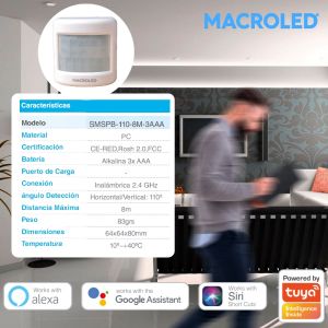 SENSOR DE MOVIMIENTO DE PARED 110° APLICAR SMART A PILA 8 MTS ALCANCE MACROLED - Vista 6