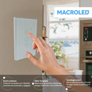 LLAVE LUZ PARED INTERRUPTOR DIMERIZABLE WIFI TOUCH SMART 1 CANAL 3A MACROLED ROMA - Vista 4
