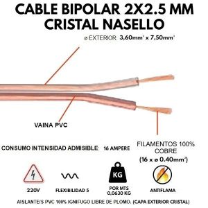 CABLE BIPOLAR 2X2.5 MM CRISTAL X METRO CONDUELEC - Vista 1