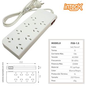 PROLONGADOR MULTIPLE 8 TOMAS BLANCO 1,5 MTS DE CABLE 3X0,75MM C/ PROTECTOR TERMICO - Vista 4