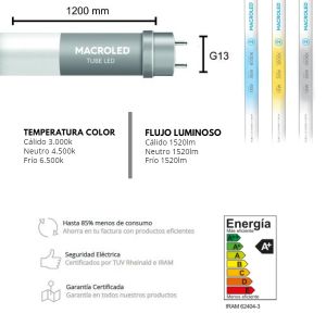 TUBO LED 18W T8 1.20 MTS VIDRIO MACROLED - Vista 8