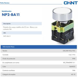 PULSADOR DE CUERPO METALICO DE 22 MM BLANCO CON CONTACTO NA - Vista 1