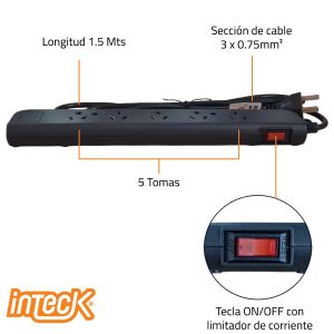 PROLONGADOR MULTIPLE 5 TOMAS NEGRO CON CABLE 1.5 MTS C/ PROTECTOR TERMICO - Vista 2