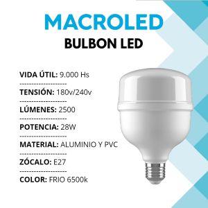 LAMPARA BULBON LED 28W E27 PVC 100X152MM MACROLED - Vista 1