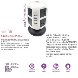 MULTIPLE P/ESCRITORIO 8 TOMAS + 4 USB - CABLE DE 2 M - Vista 2