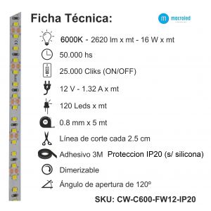 CINTA LED 80W 12V 2835 IP 20 X 5 MTS MACROLED - Vista 3
