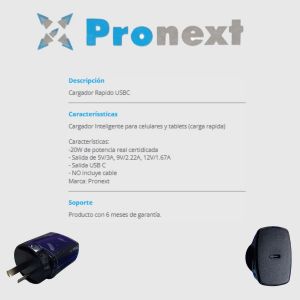 FUENTE CARGADOR USB C CARGA RÁPIDA S/ CABLE PRONEXT - Vista 4