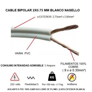 CABLE BIPOLAR 2X0.75 MM BLANCO X 100 MTS CONDUELEC - Vista 1