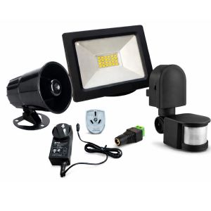 KIT ALARMA PARA OBRAS CONSTRUCCIONES TERRENOS C/ REFLECTOR LED 20W Y SENSOR DE MOVIMIENTO NEGRO