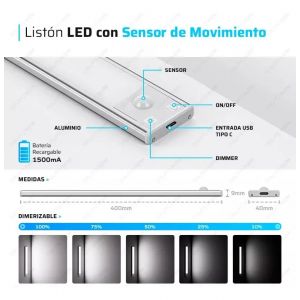 LISTON 40 CM RECARGABLE CON SENSOR 2W DIMERIZABLE CANDELA - Vista 4