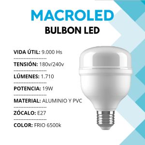 LAMPARA BULBON LED 19W E27 PVC 80X120MM MACROLED - Vista 1