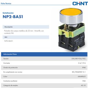 PULSADOR DE CUERPO METALICO DE 22 MM AMARILLO CON CONTACTO NA - Vista 1