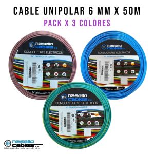 CABLE UNIPOLAR 6 MM X 50M PACK X 3 COLORES (MARRON - CELESTE - VERDE/AMARILLO) - Vista 1