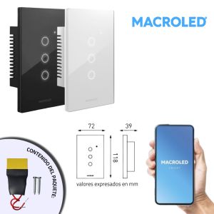 LLAVE LUZ PARED INTERRUPTOR WIFI TOUCH SMART 3 CANAL C/ CAPACITOR 7A MACROLED ROMA - Vista 10