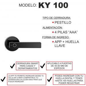 CERRADURA SMART PICAPORTE KY 100 + HUELLA + APP PRONEXT - Vista 3