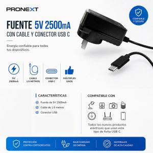 FUENTE SWITCHING PRONEXT 5V 2500 MA. USB C - Vista 1