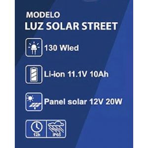 LUZ  SOLAR STREET INALáMBRICA EQUIVALE A 130WLED - RECARGABLE ATOMLUX - Vista 5