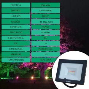 REFLECTOR LED 20W RGB KING 220V RGB+W C/ CONTROL REMOTO RF - Vista 5