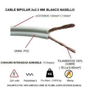 CABLE BIPOLAR 2X2.5 MM BLANCO X METRO CONDUELEC - Vista 1