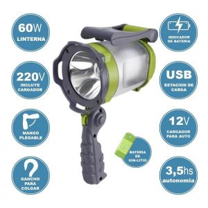 LINTERNA LED 60WLED + LUZ DE CAMPING + LUZ INTERMITENTE + ESTACIóN DE CARGA - - Vista 3