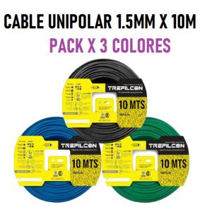 CABLE UNIPOLAR 1.5 MM TREFILCON X 10M PACK X 3 COLORES (NEGRO- CELESTE - VERDE/AMARILLO) - Vista 1
