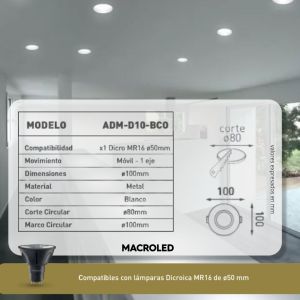 SPOT ARO DE METAL DE EMBUTIR DICROICA GU10 MóVIL BLANCO MACROLED + ZOCALO GU10 - Vista 2