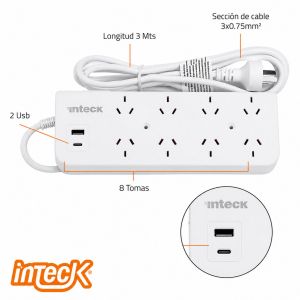 PROLONGADOR MULTIPLE 8 TOMAS + 2 USB BLANCO CON CABLE 3 MTS C/ PROTECTOR TERMICO - Vista 2