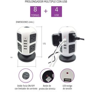 MULTIPLE P/ESCRITORIO 8 TOMAS + 4 USB - CABLE DE 2 M - Vista 1