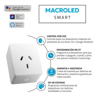 ENCHUFE TOMA INTELIGENTE SMART 10A ALEXA GOOGLE MACROLED BLANCO - Vista 3
