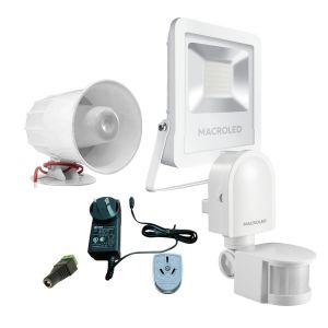 KIT ALARMA P/ OBRAS CONSTRUCCIONES TERRENOS C/ REFLECTOR LED 30W CALIDO Y SENSOR DE MOVIMIENTO BLANCO