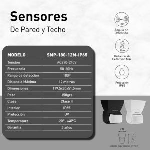 SENSOR DE MOVIMIENTO 180° PARED 1200W IP65 12 MTS DE ALCANCE MACROLED - Vista 2