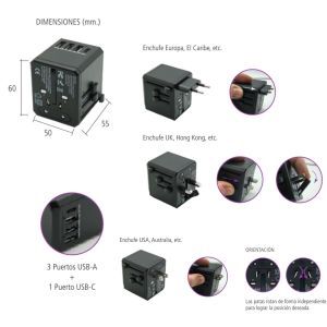 ADAPTADOR VIAJERO CON 3 PUERTOS USB-A + 1 PUERTO USB-C - COLOR NEGRO - Vista 4