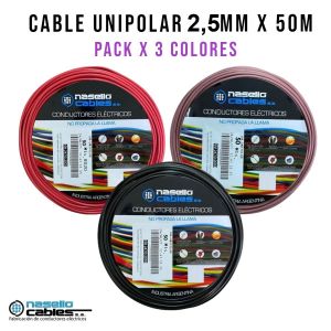 CABLE UNIPOLAR 2.5 MM X 50M PACK X 3 COLORES (MARRON - ROJO - NEGRO) - Vista 1