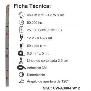CINTA LED 24W 12V 3528 IP 20 X 5 MTS MACROLED - Vista 6
