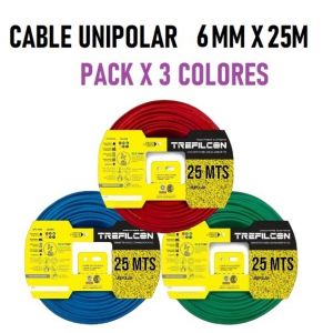 CABLE UNIPOLAR 6 MM TREFILCON X 25M PACK X 3 COLORES (ROJO- CELESTE - VERDE/AMARILLO) - Vista 1