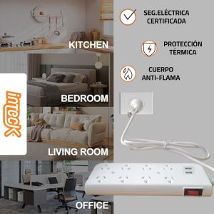 PROLONGADOR MULTIPLE 8 TOMAS + 2 USB BLANCO CON CABLE 3 MTS C/ PROTECTOR TERMICO - Vista 6