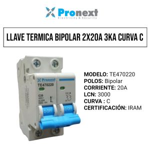 LLAVE TERMICA BIPOLAR 2X20A 3KA CURVA C PRONEXT - Vista 1