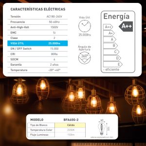 LAMPARA BULBO GOLDEN FILAMENTO LED 2W E27 MACROLED - Vista 2