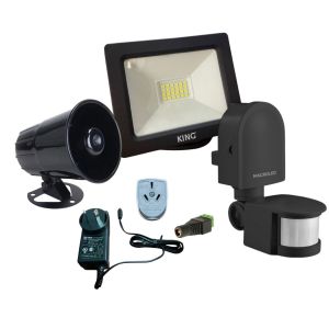KIT ALARMA PARA OBRAS CONSTRUCCIONES TERRENOS C/ REFLECTOR LED 20W Y SENSOR DE MOVIMIENTO NEGRO