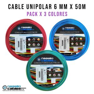 CABLE UNIPOLAR 6 MM X 50M PACK X 3 COLORES (ROJO - CELESTE - VERDE/AMARILLO) - Vista 1