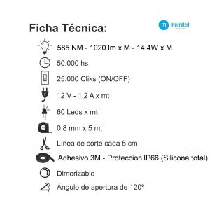 CINTA LED 72W 12V 5050 IP 66 X 5 MTS MACROLED - Vista 12
