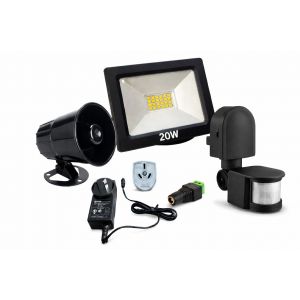 KIT ALARMA PARA OBRAS CONSTRUCCIONES TERRENOS C/ REFLECTOR LED 20W Y SENSOR DE MOVIMIENTO NEGRO