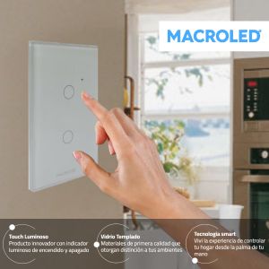 LLAVE LUZ PARED INTERRUPTOR WIFI TOUCH SMART 2 CANAL C/ CAPACITOR 7A MACROLED ROMA - Vista 6