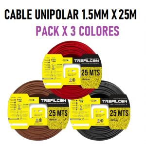 CABLE UNIPOLAR 1.5 MM TREFILCON X 25M PACK X 3 COLORES (MARRON - ROJO- NEGRO) - Vista 1